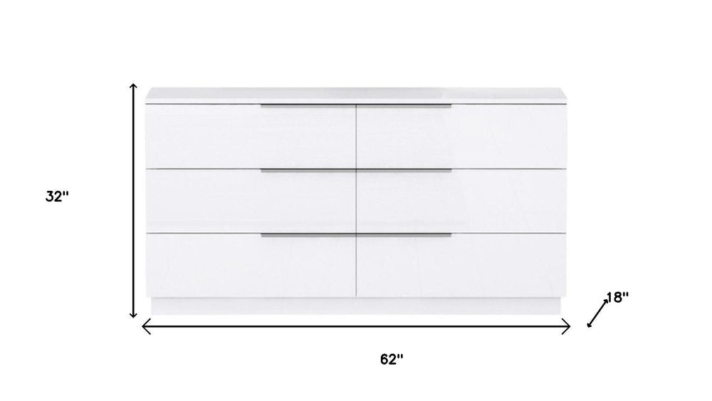 62" White Wood Six Drawer Double Dresser