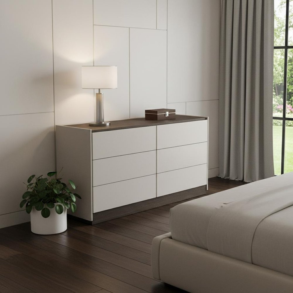 60" Light Gray And Walnut Wood Six Drawer Double Dresser
