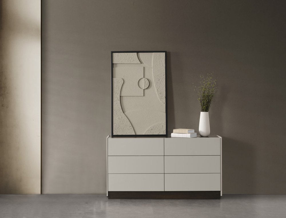 60" Light Gray And Walnut Wood Six Drawer Double Dresser