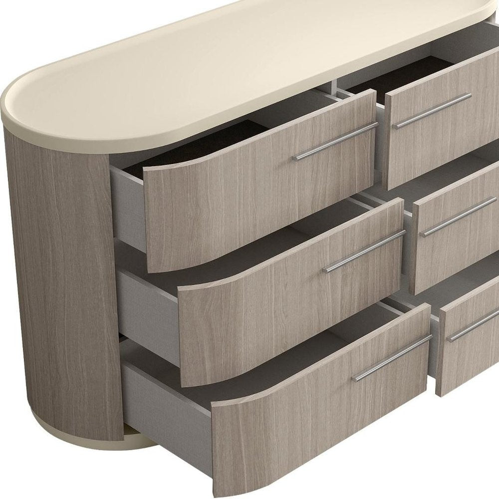 60" Beige And Oak Wood Six Drawer Double Dresser