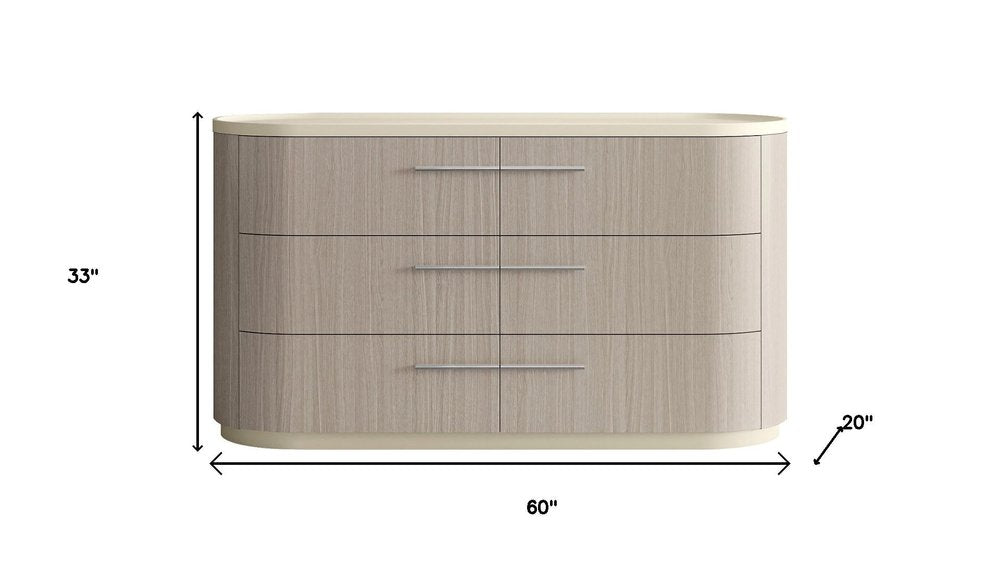 60" Beige And Oak Wood Six Drawer Double Dresser