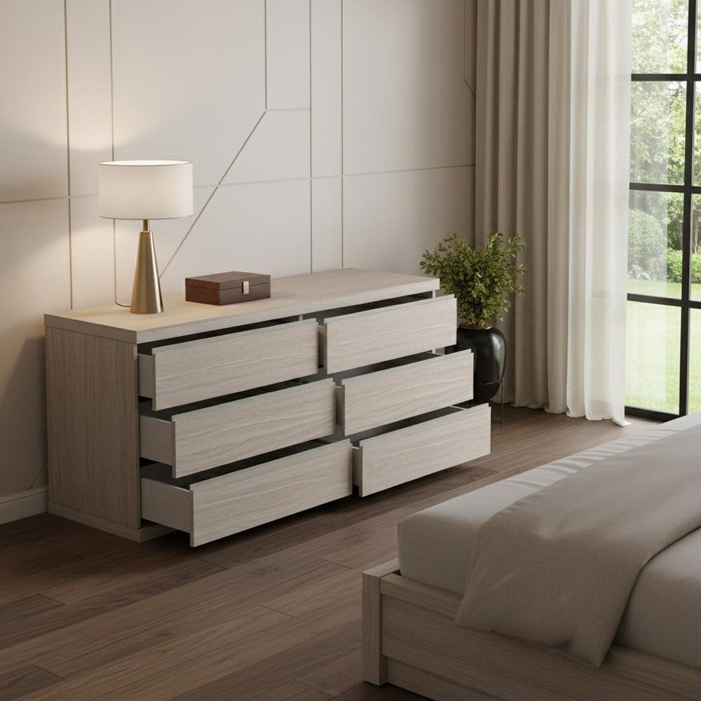63" Oak Wood Six Drawer Double Dresser