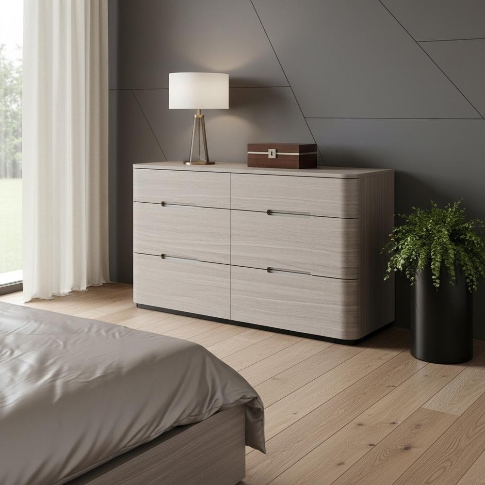 56" Oak Wood Six Drawer Double Dresser