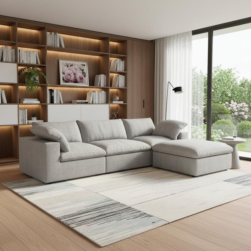 118" Light Gray Linen Blend Modular Sofa With Ottoman And Storage