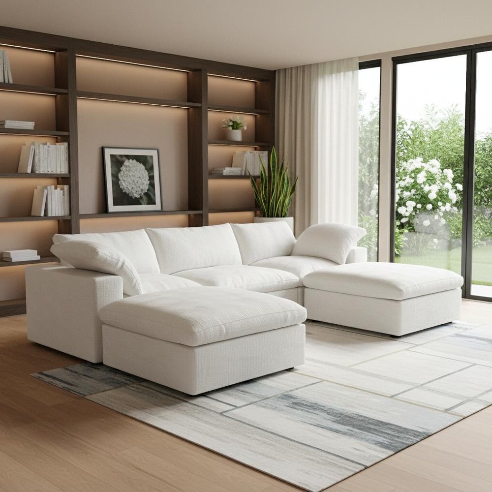 120" Light Gray Linen Blend Modular Universal Sofa With Ottoman And Storage