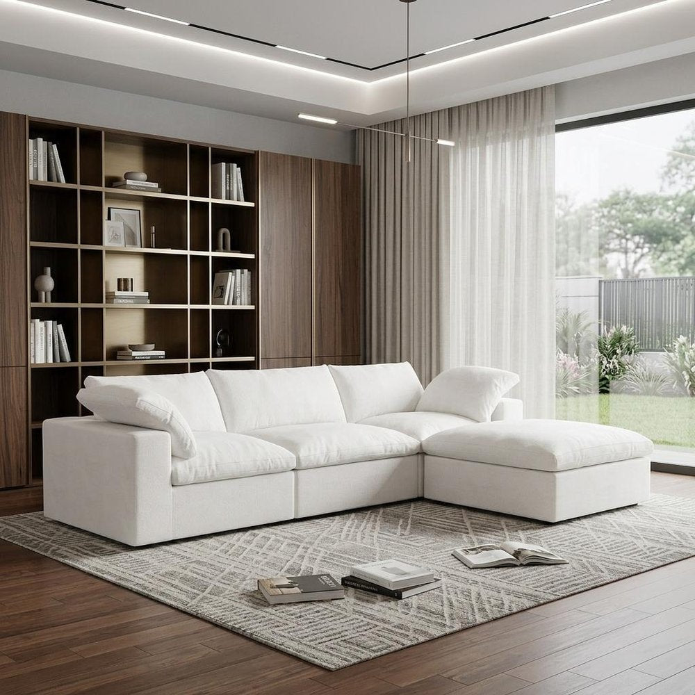 118" Light Gray Linen Blend Modular Sofa With Ottoman And Storage