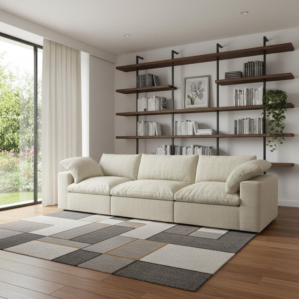 120" White Linen Blend Modular Sofa With Toss Pillows