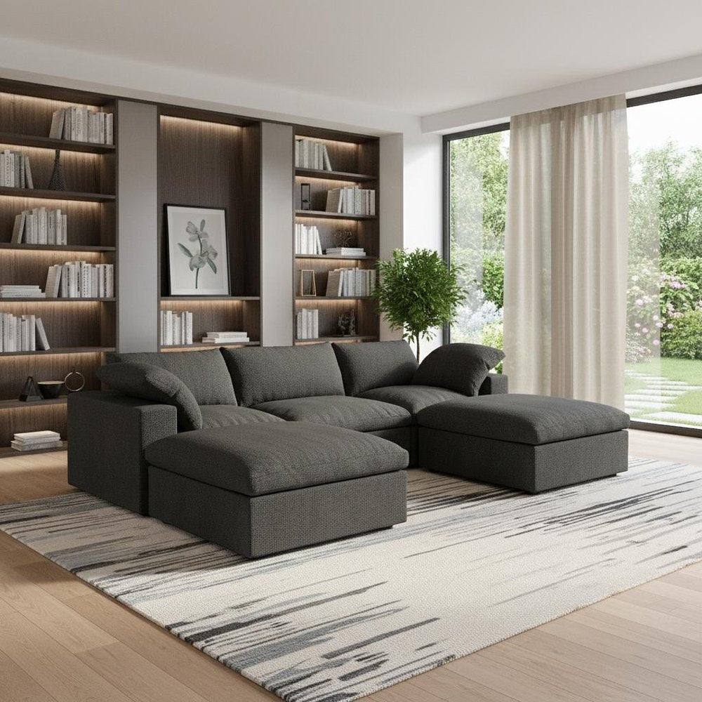 120" Light Gray Linen Blend Modular Universal Sofa With Ottoman And Storage