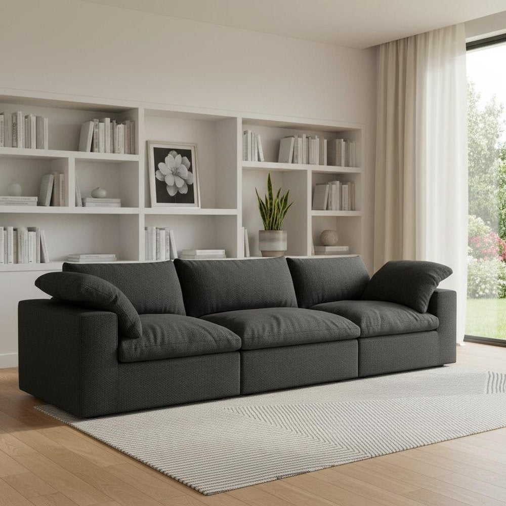 120" White Linen Blend Modular Sofa With Toss Pillows