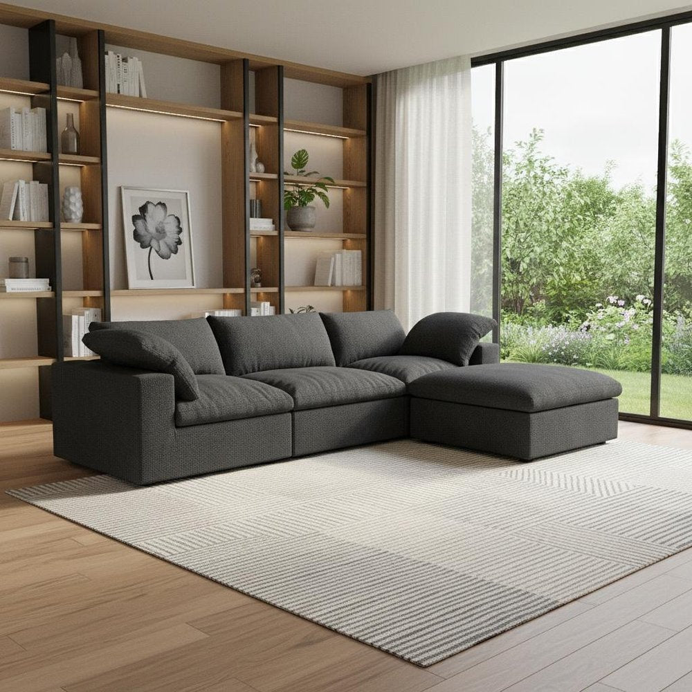 118" Light Gray Linen Blend Modular Sofa With Ottoman And Storage