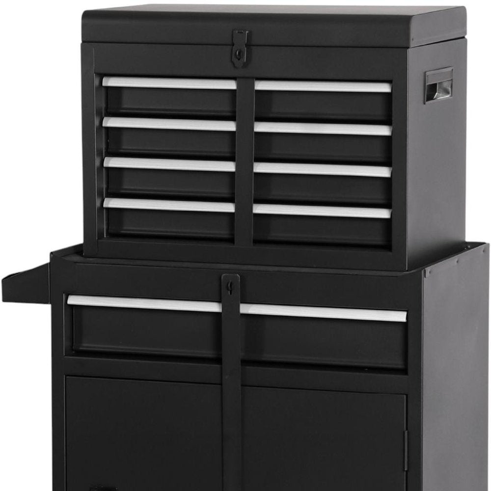 Set of Two Black Multi-Tier Steel Nine Drawer Rolling Storage Cabinet With Lid