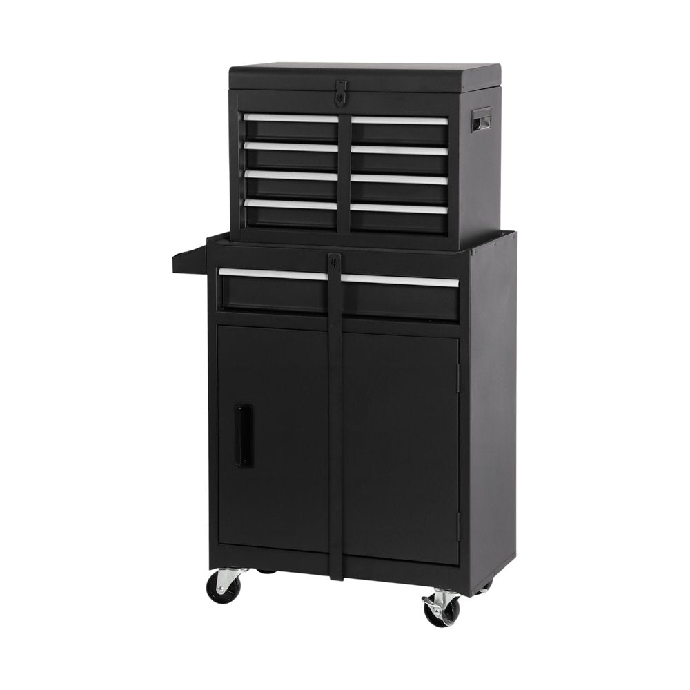 Set of Two Black Multi-Tier Steel Nine Drawer Rolling Storage Cabinet With Lid