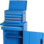 Set of Two Blue Multi-Tier Steel Six Drawer Rolling Storage Cabinet With Lid