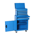 Set of Two Blue Multi-Tier Steel Six Drawer Rolling Storage Cabinet With Lid
