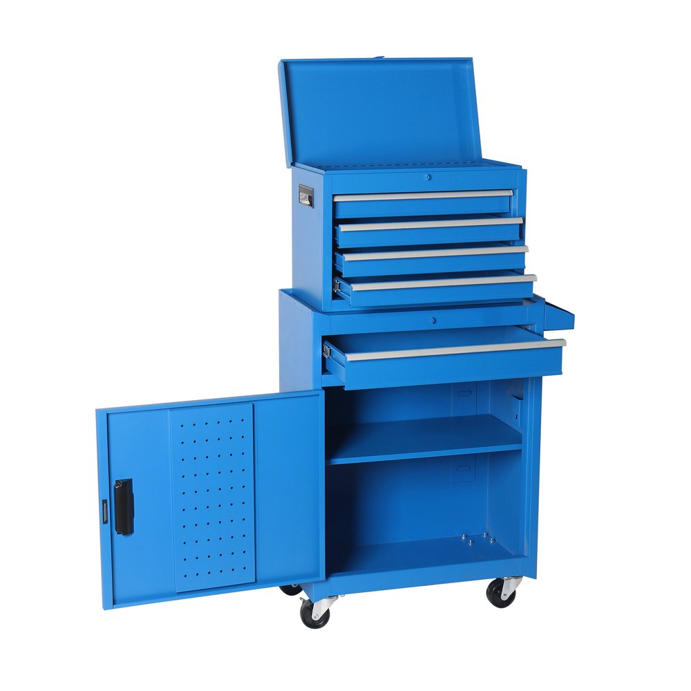 Set of Two Blue Multi-Tier Steel Six Drawer Rolling Storage Cabinet With Lid