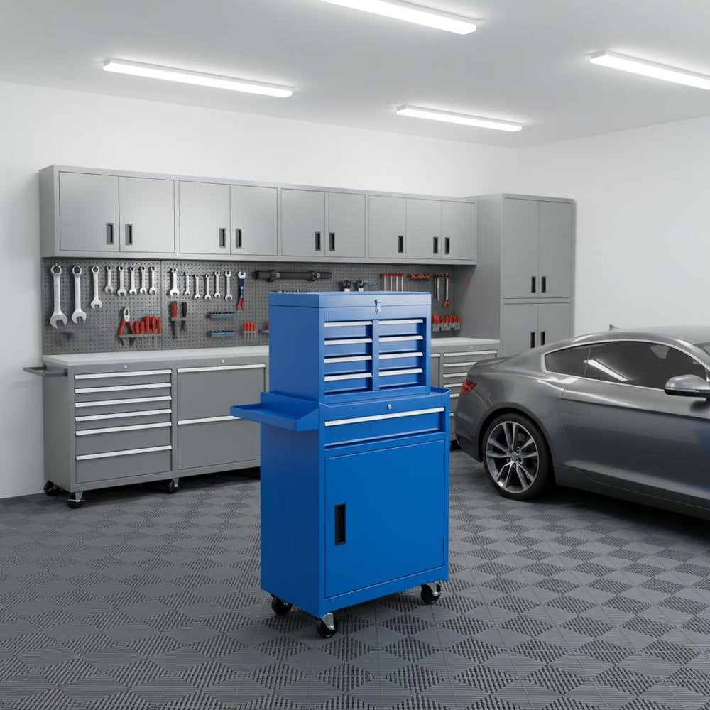 Set of Two Blue Multi-Tier Steel Six Drawer Rolling Storage Cabinet With Lid