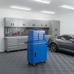 Set of Two Blue Multi-Tier Steel Six Drawer Rolling Storage Cabinet With Lid
