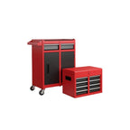 Set of Two Red Multi-Tier Steel Nine Drawer Rolling Storage Cabinet With Lid