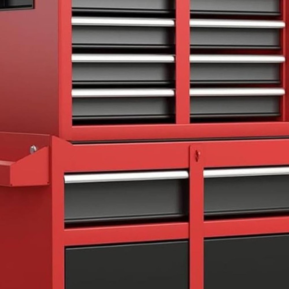 Set of Two Red Multi-Tier Steel Nine Drawer Rolling Storage Cabinet With Lid
