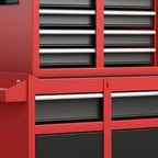Set of Two Red Multi-Tier Steel Nine Drawer Rolling Storage Cabinet With Lid