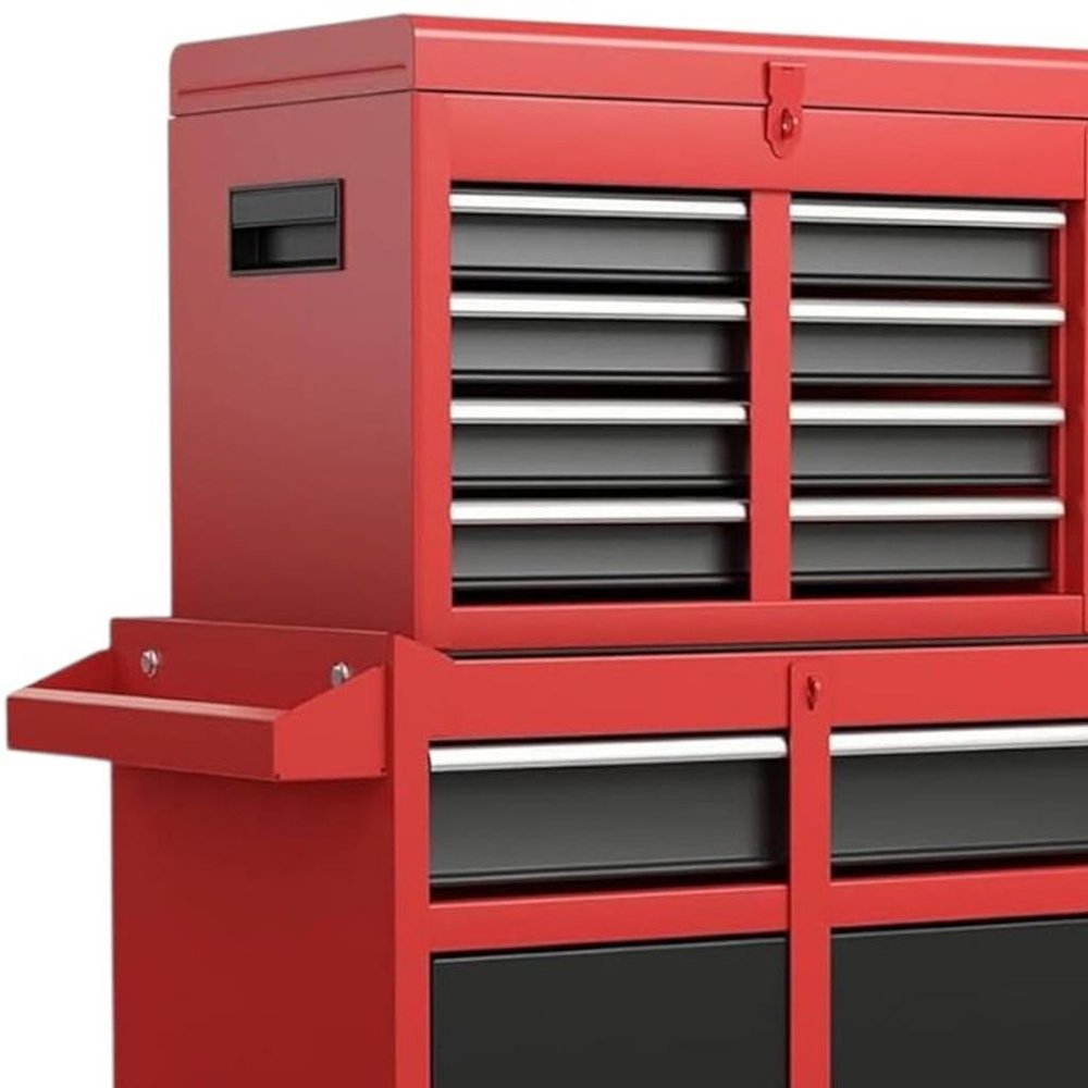 Set of Two Red Multi-Tier Steel Nine Drawer Rolling Storage Cabinet With Lid