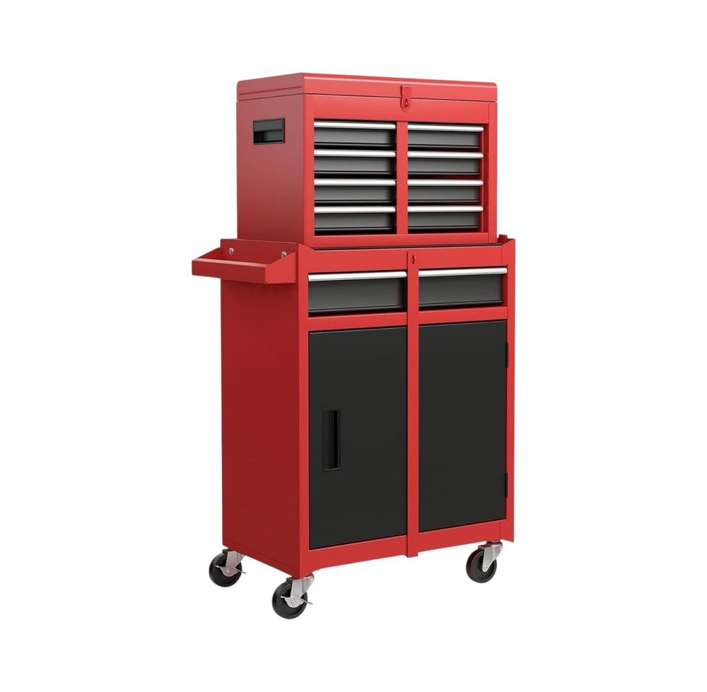 Set of Two Red Multi-Tier Steel Nine Drawer Rolling Storage Cabinet With Lid