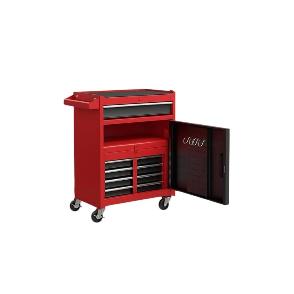 Set of Two Red Multi-Tier Steel Nine Drawer Rolling Storage Cabinet With Lid