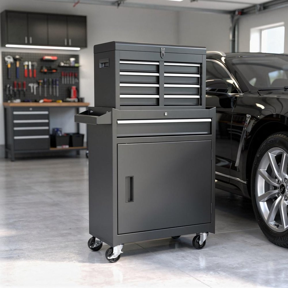 Set of Two Black Multi-Tier Steel Nine Drawer Rolling Storage Cabinet With Lid