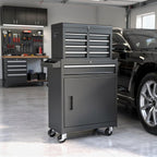 Set of Two Black Multi-Tier Steel Nine Drawer Rolling Storage Cabinet With Lid