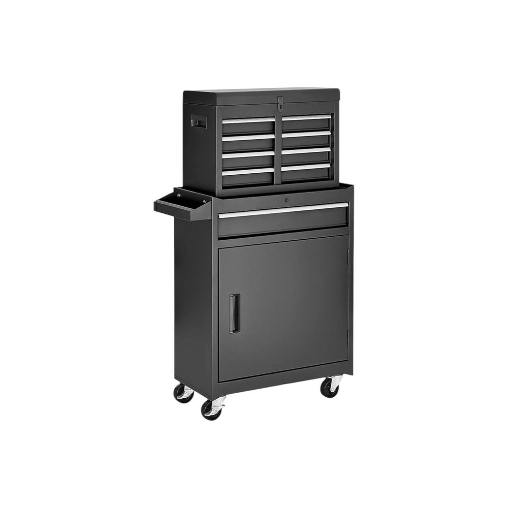 Set of Two Black Multi-Tier Steel Nine Drawer Rolling Storage Cabinet With Lid