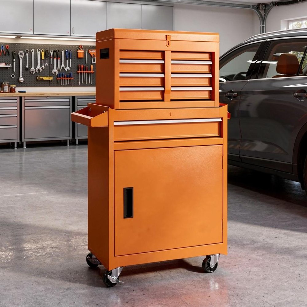 Set of Two Orange Multi-Tier Steel Nine Drawer Rolling Storage Cabinet With Lid