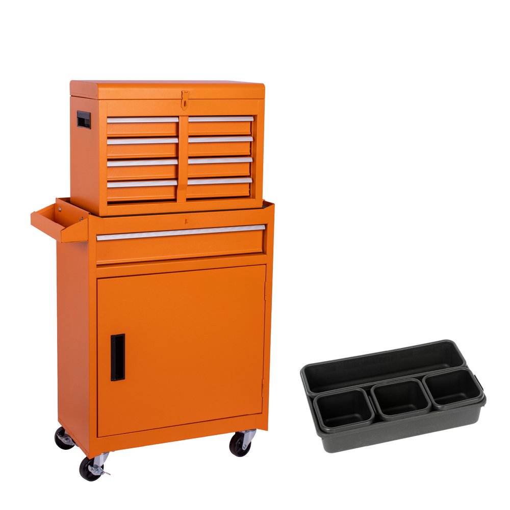 Set of Two Orange Multi-Tier Steel Nine Drawer Rolling Storage Cabinet With Lid