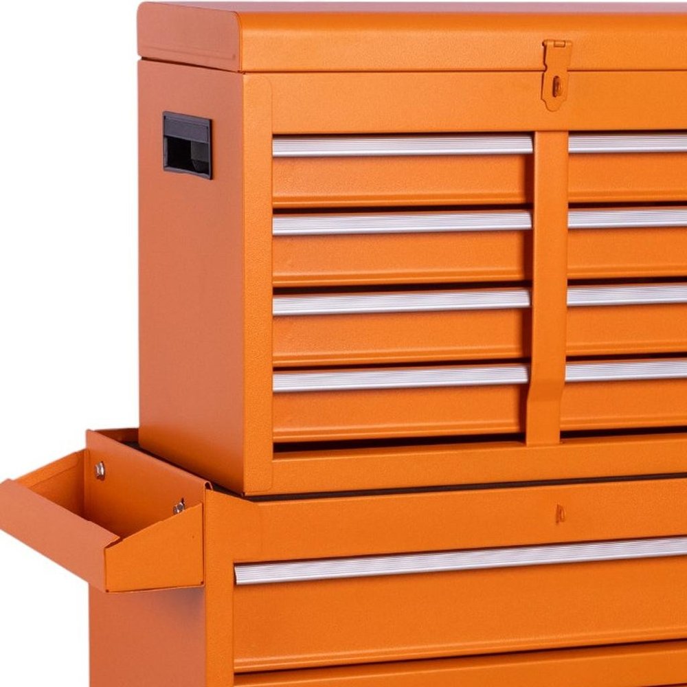 Set of Two Orange Multi-Tier Steel Nine Drawer Rolling Storage Cabinet With Lid
