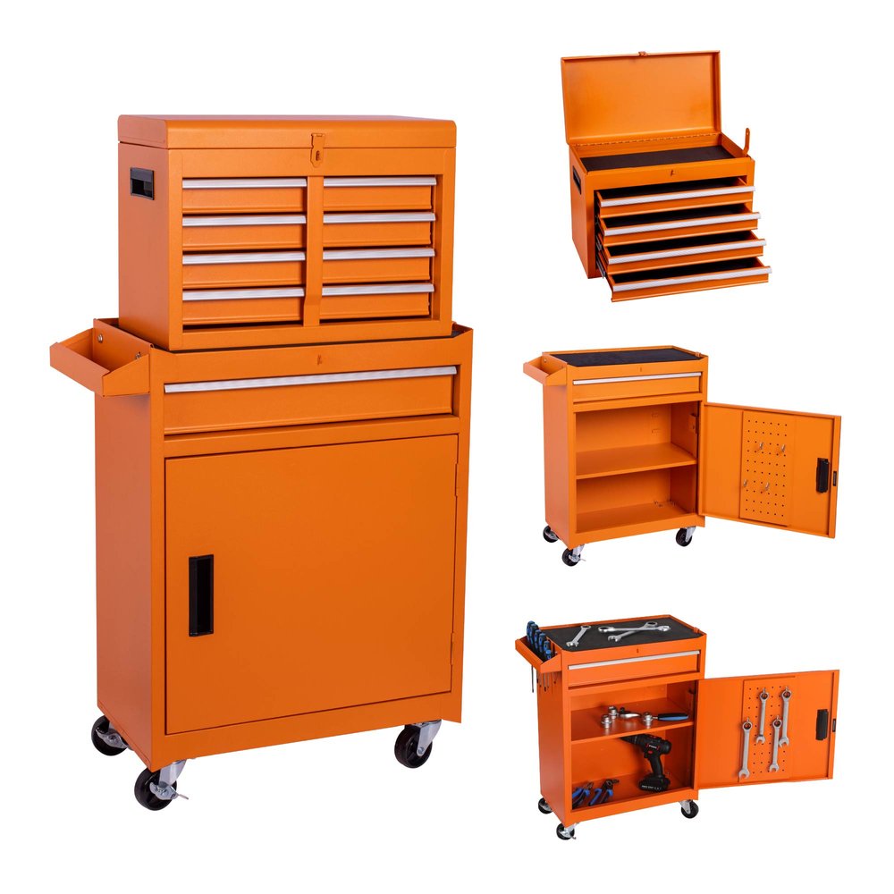 Set of Two Orange Multi-Tier Steel Nine Drawer Rolling Storage Cabinet With Lid