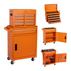 Set of Two Orange Multi-Tier Steel Nine Drawer Rolling Storage Cabinet With Lid