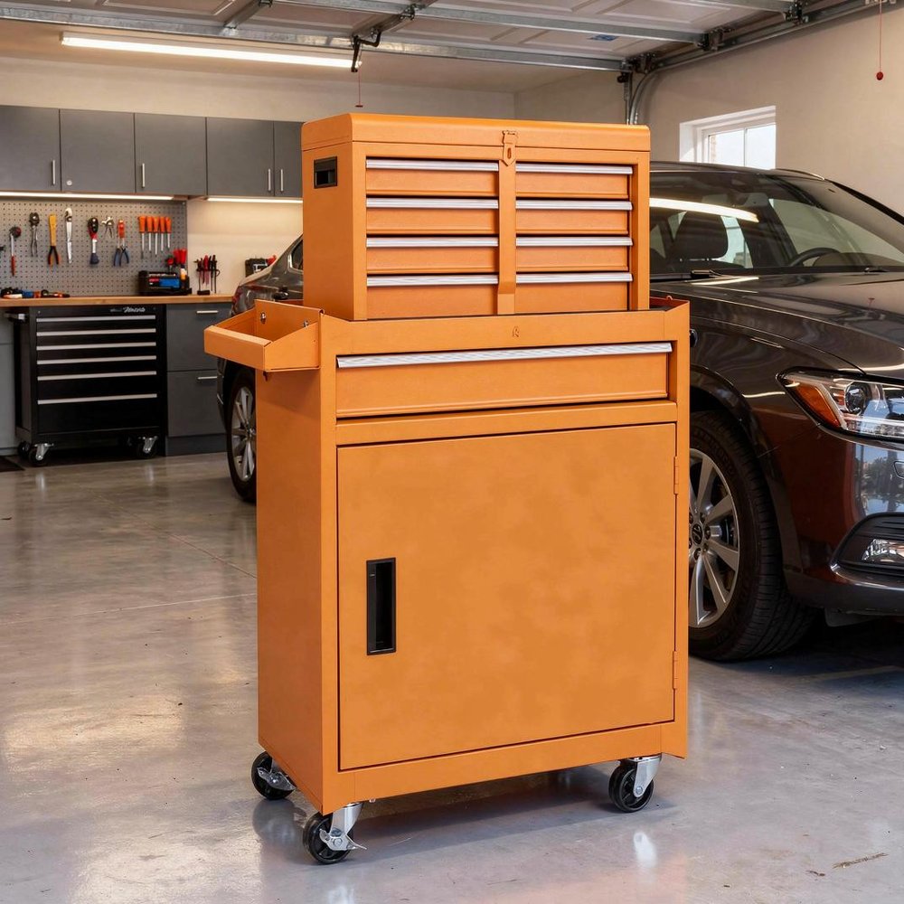 Set of Two Orange Multi-Tier Steel Nine Drawer Rolling Storage Cabinet With Lid