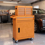 Set of Two Orange Multi-Tier Steel Nine Drawer Rolling Storage Cabinet With Lid