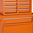 Set of Two Orange Multi-Tier Steel Nine Drawer Rolling Storage Cabinet With Lid