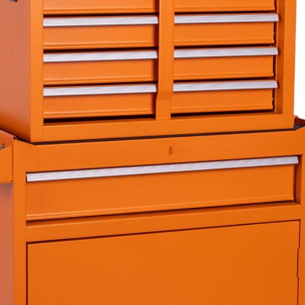 Set of Two Orange Multi-Tier Steel Nine Drawer Rolling Storage Cabinet With Lid