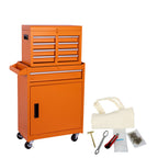 Set of Two Orange Multi-Tier Steel Nine Drawer Rolling Storage Cabinet With Lid