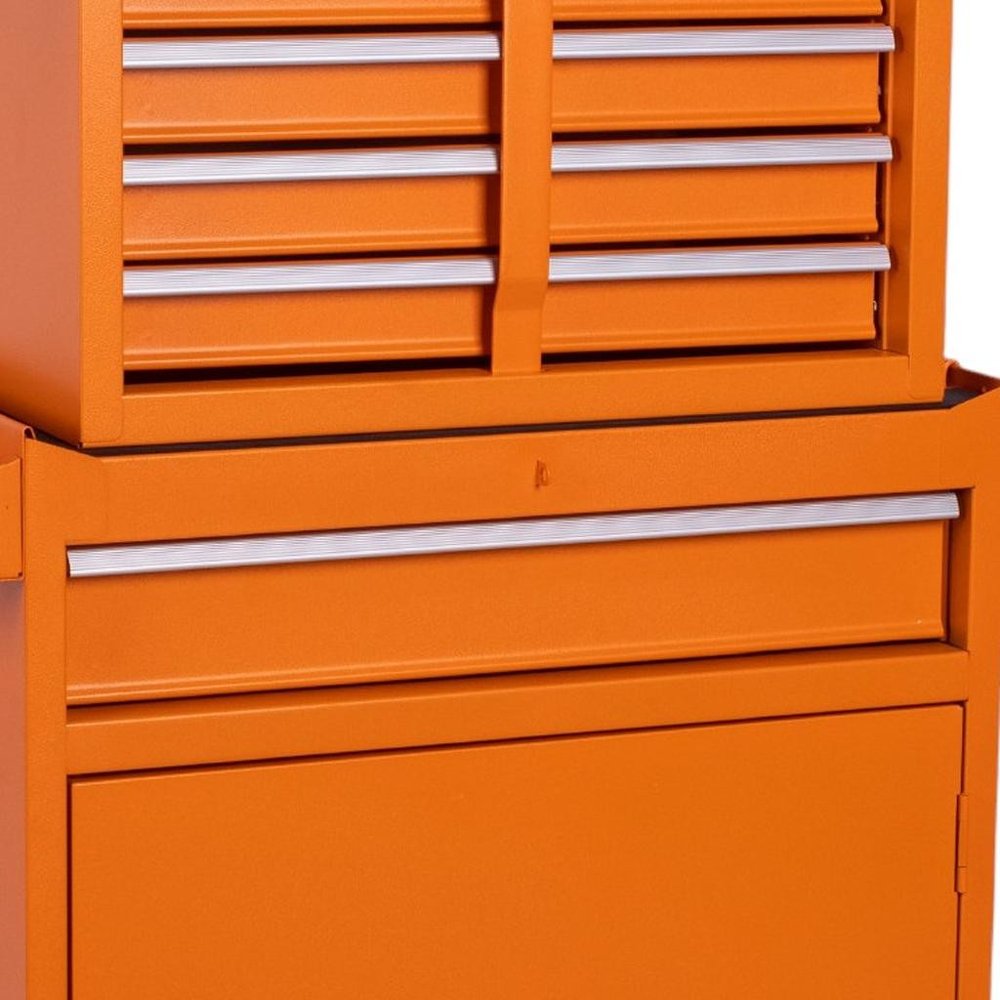 Set of Two Orange Multi-Tier Steel Nine Drawer Rolling Storage Cabinet With Lid