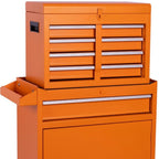 Set of Two Orange Multi-Tier Steel Nine Drawer Rolling Storage Cabinet With Lid