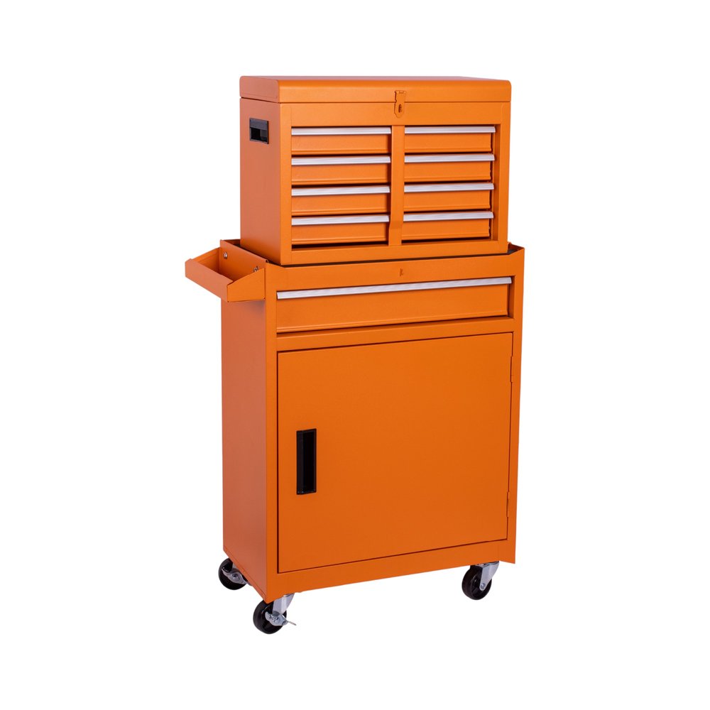 Set of Two Orange Multi-Tier Steel Nine Drawer Rolling Storage Cabinet With Lid