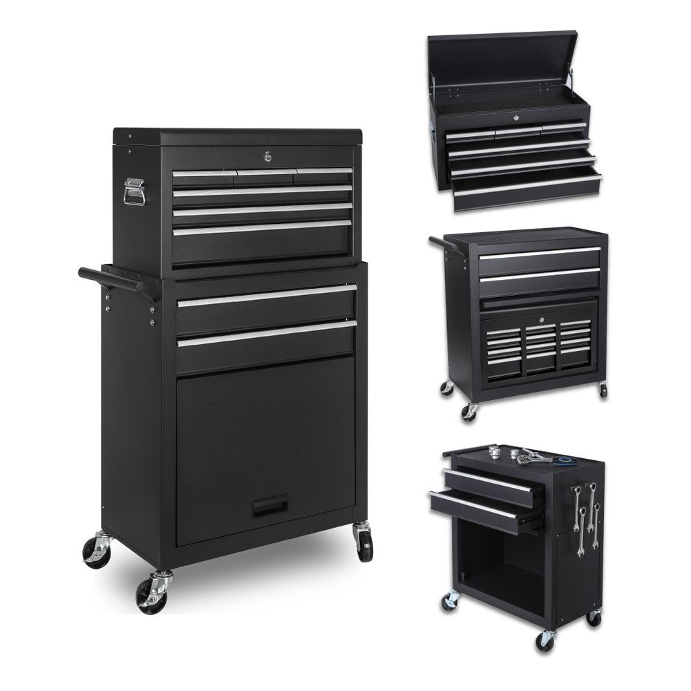 Set of Two Black Multi-Tier Steel Eight Drawer Rolling Storage Cabinet With Lid