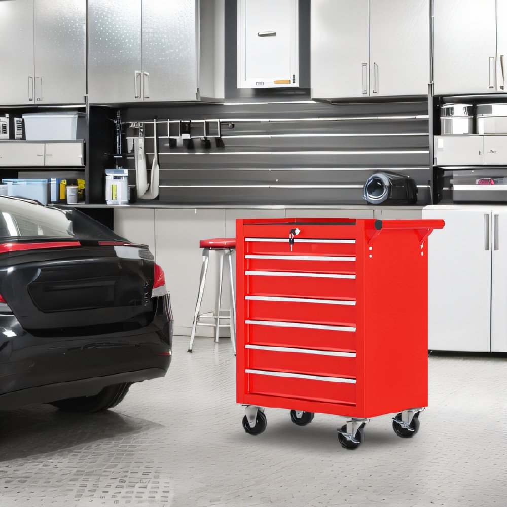 24" Red Multi-Tier Steel Four Drawer Rolling Storage Cabinet With Lid
