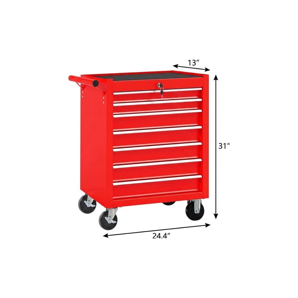 24" Red Multi-Tier Steel Four Drawer Rolling Storage Cabinet With Lid