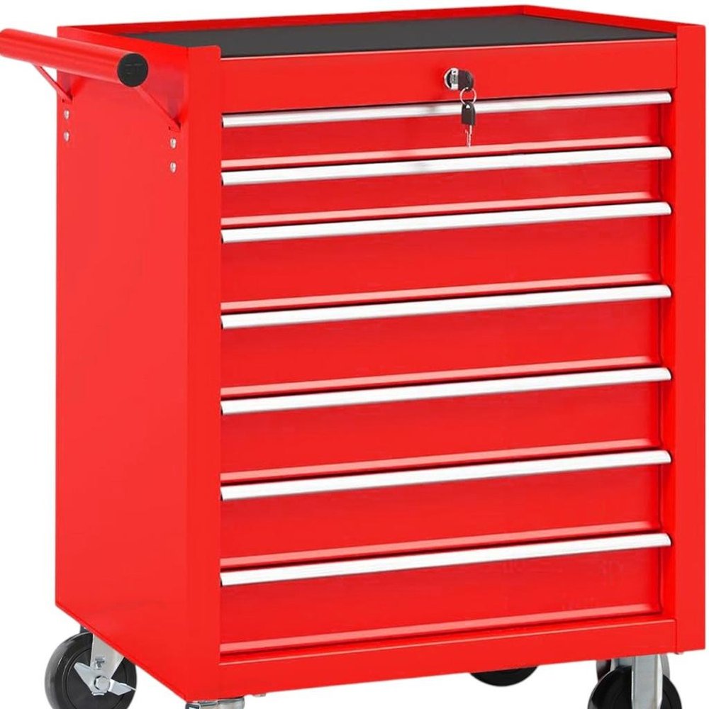 24" Red Multi-Tier Steel Four Drawer Rolling Storage Cabinet With Lid
