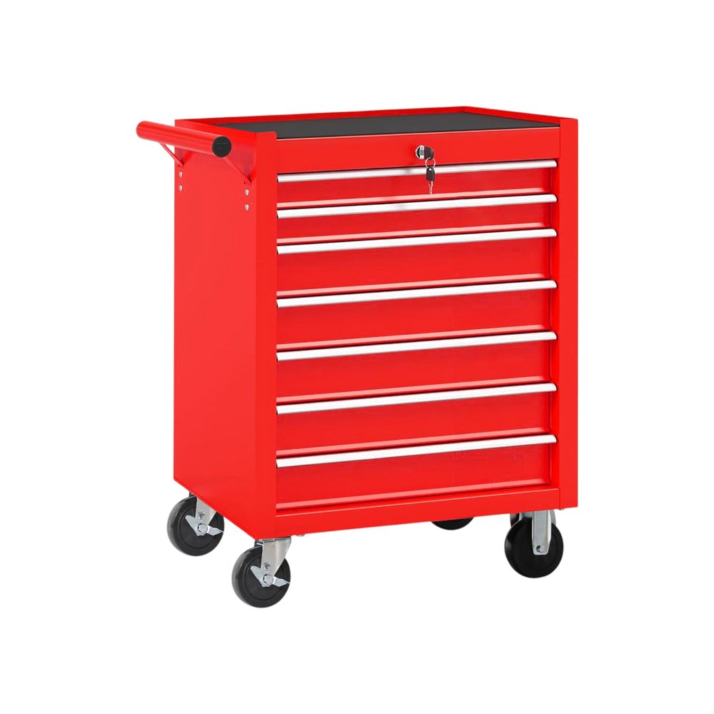 24" Red Multi-Tier Steel Four Drawer Rolling Storage Cabinet With Lid