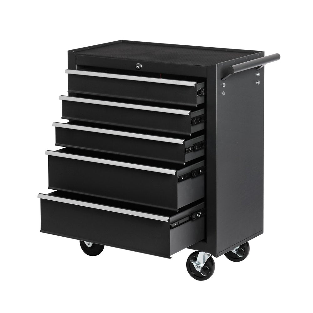 15" Black Multi-Tier Steel Five Drawer Rolling Storage Cabinet With Lid