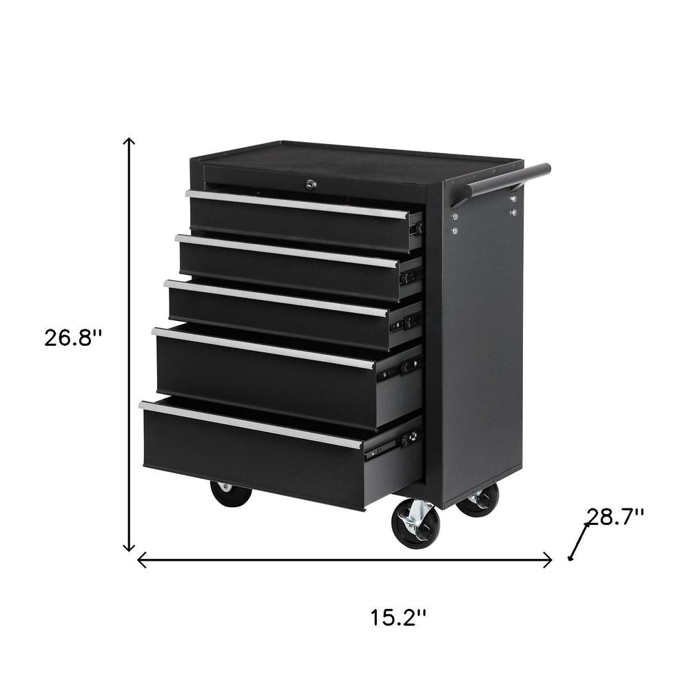15" Black Multi-Tier Steel Five Drawer Rolling Storage Cabinet With Lid